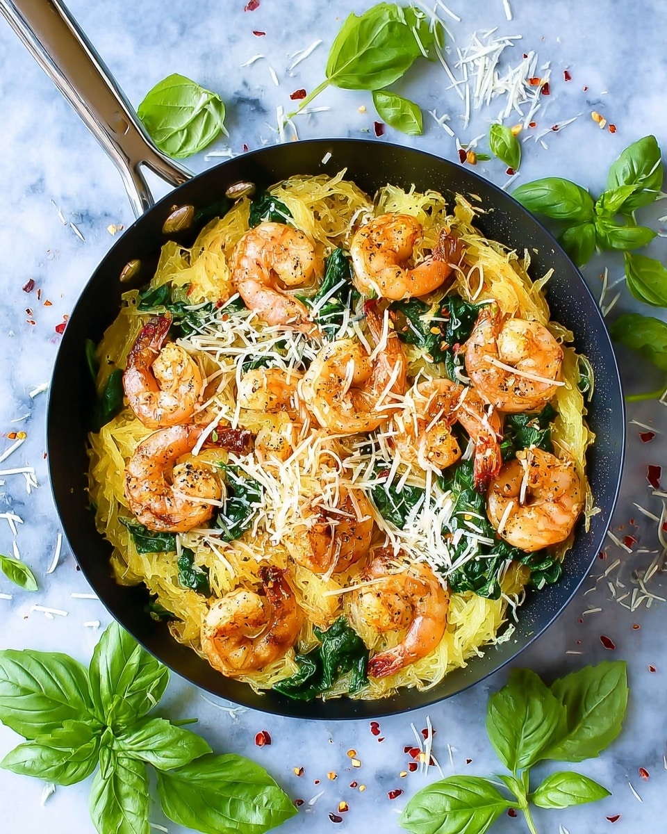 A black pan filled with layers of golden yellow spaghetti squash strands, bright green sautéed spinach leaves, and orange-brown cooked shrimp seasoned with black pepper, all topped with a light sprinkle of shredded white cheese. Around the pan on the white marbled surface are fresh green basil leaves and scattered shredded cheese along with small red pepper flakes, creating a vibrant and fresh look. The pan handle extends to the top left corner. photo taken with an iphone --ar 4:5 --v 7