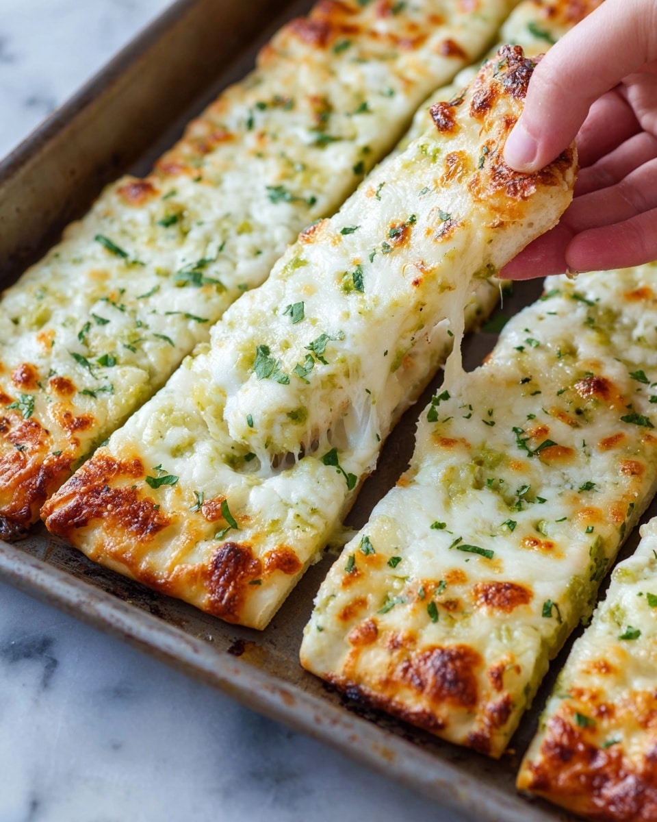 A metal baking tray holds several rectangular cheesy breadsticks topped with melted white cheese that is lightly browned in spots and sprinkled with chopped green herbs. Each breadstick shows a soft, slightly textured crust under the cheese layer, while one piece is being lifted by a woman's hand, showing its thickness and gooey, stretchy cheese. The white marbled surface is barely visible behind the tray. photo taken with an iphone --ar 4:5 --v 7