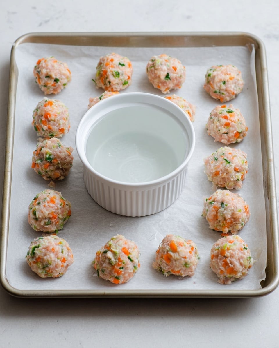 The image shows fifteen small, round uncooked meatballs arranged on a baking tray lined with white parchment paper. Each meatball has a pale pink base with small pieces of orange and green vegetables mixed in, giving a colorful, textured look. In the center of the tray is a clean white, ribbed ramekin filled with water. The tray sits on a white marbled surface. photo taken with an iphone --ar 4:5 --v 7