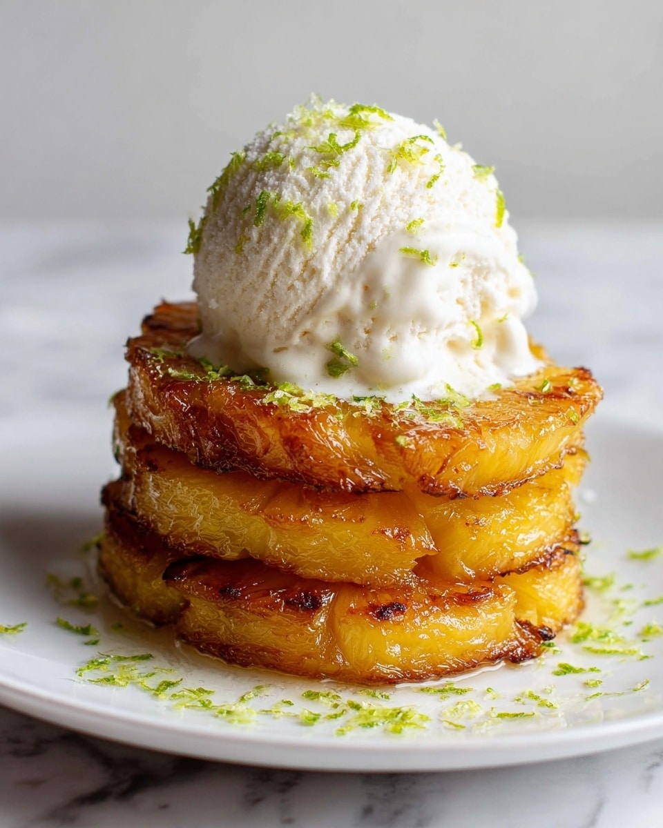 A stack of four golden brown, slightly crispy pineapple rings form the base of the dish, each ring showing caramelized edges and juicy texture. On top of the pineapple stack sits one large scoop of creamy white ice cream with visible small vanilla bean specks, slightly melting over the top pineapple layer. Bright green lime zest is sprinkled over the ice cream and a little around the base on the white plate, adding a fresh pop of color to the warm tones below. The dish is placed on a white marbled surface. photo taken with an iphone --ar 4:5 --v 7