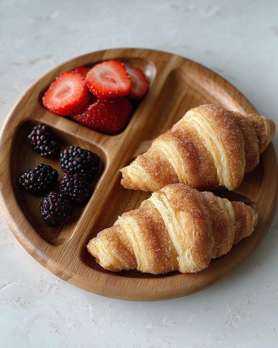 Two golden-brown croissants with a sugary cinnamon coating rest on one section of a round wooden divided plate. The smaller compartments hold sliced red strawberries with visible seeds and a pile of dark purple-black blackberries. The plate sits on a white marbled surface, showing subtle texture and light gray veins. photo taken with an iphone --ar 4:5 --v 7