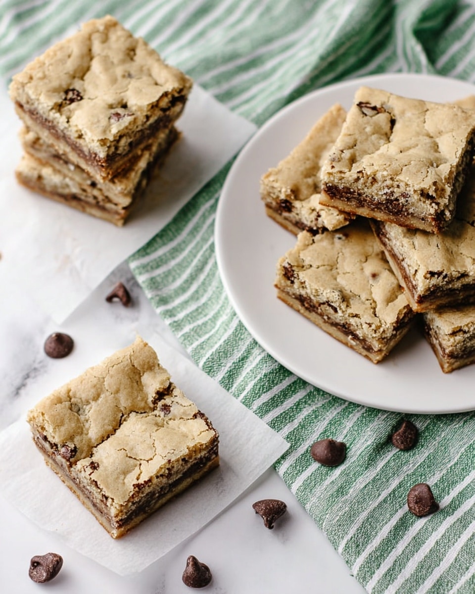 The image shows chocolate chip cookie bars cut into square pieces and arranged in two groups. One group of five pieces is stacked slightly on the left side on white parchment paper, showing three distinct layers: a light tan cracked top, a middle layer with visible chocolate chip chunks, and a thicker, slightly darker base. Another group of five pieces is placed flat on a clean white plate on the right side. A few scattered chocolate chips sit around the bars on a green-striped white cloth and a flat surface made of white marble texture. The cookie bars have a soft, crumbly texture with visible cracks on top. photo taken with an iphone --ar 4:5 --v 7