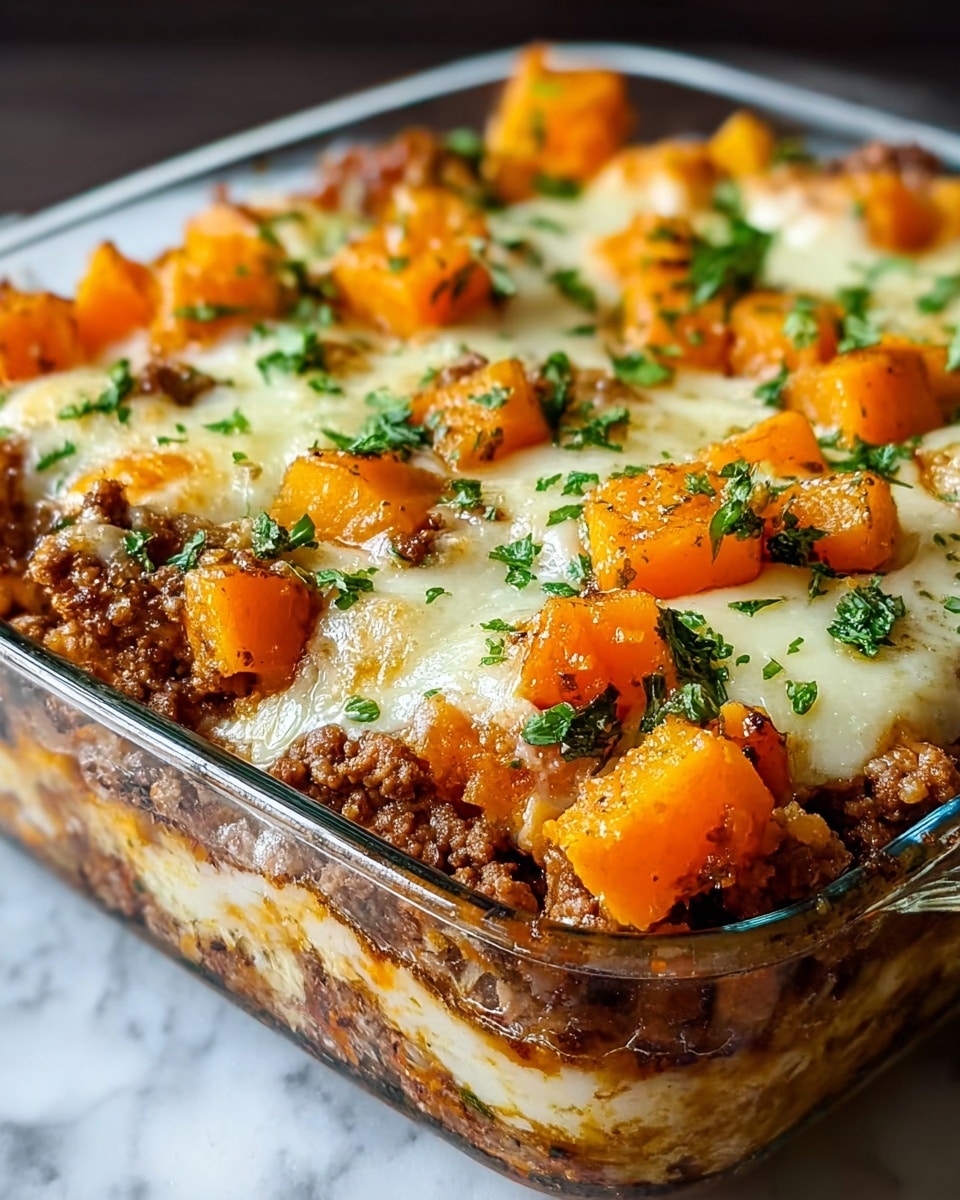 A glass square dish holds a baked casserole with three visible layers: the bottom layer is a light brown cooked ground meat, the middle layer is melted creamy white cheese, and the top layer is bright orange chunks of cooked butternut squash, sprinkled generously with chopped fresh green herbs. The dish sits on a white marbled texture surface, visible in the blurred background. The overall look is warm and hearty, with a mix of textures from soft melted cheese to tender meat and squash pieces. Photo taken with an iphone --ar 4:5 --v 7