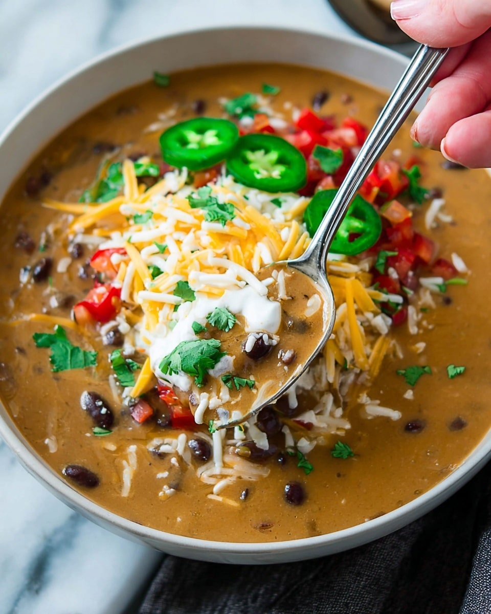A close-up image shows a bowl of thick, creamy soup with four visible layers of toppings arranged around the edge. The base layer is a smooth, brownish soup filled with small black beans and diced red peppers scattered throughout. On top, there is a layer of shredded yellow and white cheese, some bright green slices of jalapeno peppers, finely chopped fresh cilantro, and small white dollops of sour cream. A woman's hand holds a spoon scooping up a mix of soup, cheese, and a bit of sour cream. The bowl is white, set on a white marbled surface. photo taken with an iphone --ar 4:5 --v 7