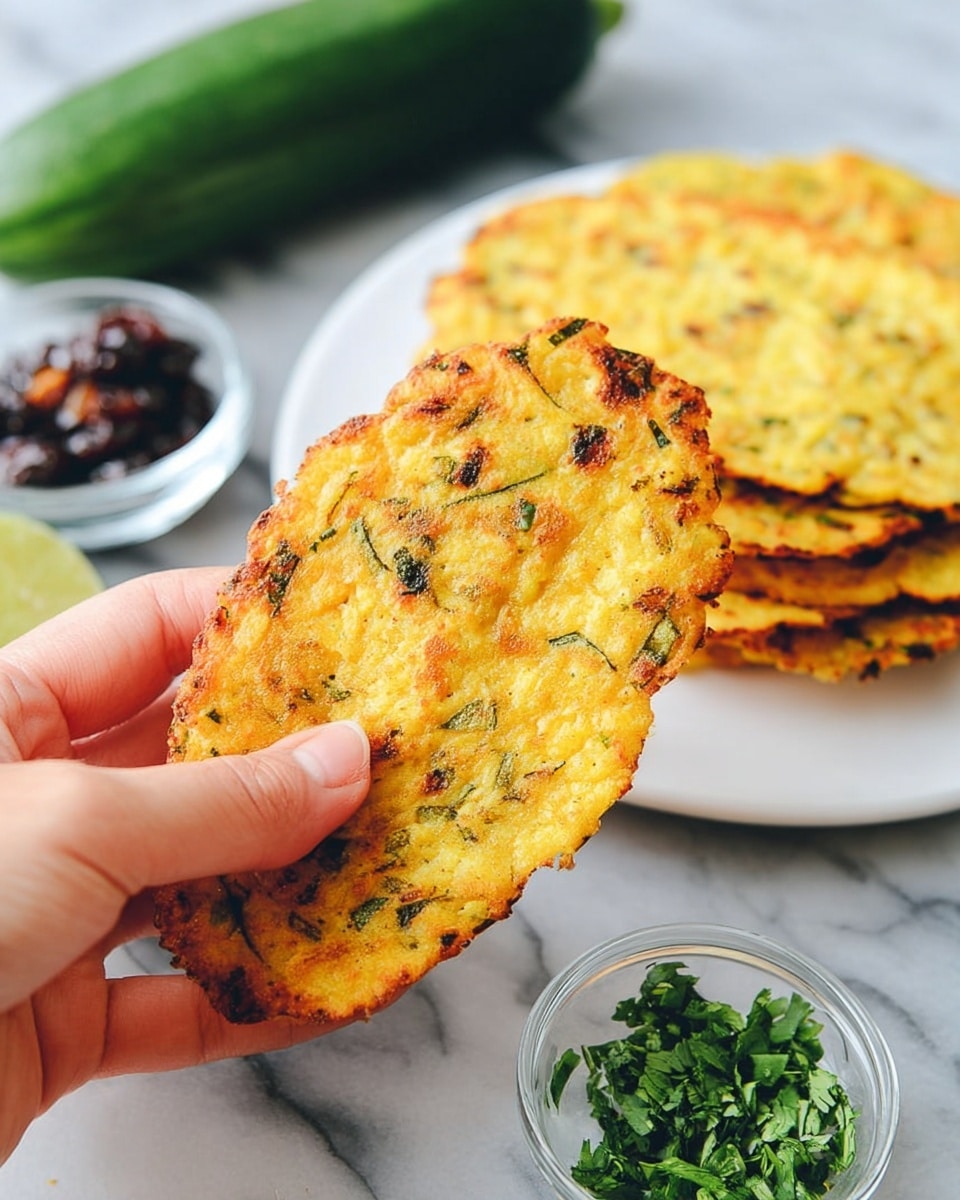 The image shows a group of golden-brown zucchini flatbreads with a slightly crispy texture and bits of green zucchini pieces inside. Four flatbreads are stacked on a white plate at the top right, with one flatbread lying alone to the bottom left, showing its round shape and uneven edges. Two small clear glass bowls sit above the single flatbread, one filled with chopped green herbs and the other with black beans. A whole green zucchini rests at the bottom right corner. The dish is set on a white marbled surface. Photo taken with an iphone --ar 4:5 --v 7