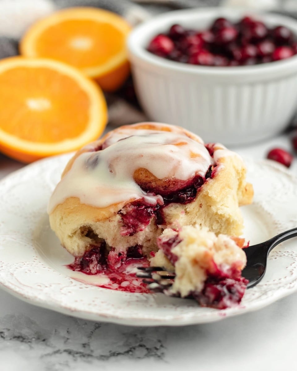 A close-up view of a single cinnamon roll topped with white icing, with layers showing soft, doughy beige inside and deep red berry filling oozing out, resting on a white plate with a decorative edge. A black fork holds a bite-sized piece of the roll covered in berries and icing near the roll. In the background, there are three round orange slices and a small white bowl filled with dark red cranberries, all set against a white marbled surface. photo taken with an iphone --ar 4:5 --v 7