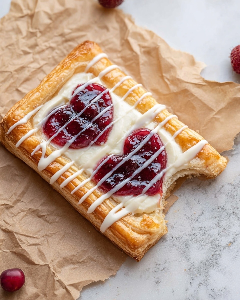 A rectangular puff pastry with three visible layers showing a golden brown, flaky crust forms the base. On top, there is a white cream layer, smooth and slightly thick, spread evenly inside the pastry edge. Above the cream are two heart-shaped dollops of deep red, glossy berry jam with rich texture and some small whole berries visible. A thin drizzle of white icing is laid across the jam and crust in diagonal lines. A single bite is taken from the bottom right corner, revealing the layered inside of the pastry. The pastry rests on crumpled brown parchment paper, placed on a white marbled surface, with a few small fresh berries nearby. Photo taken with an iphone --ar 4:5 --v 7