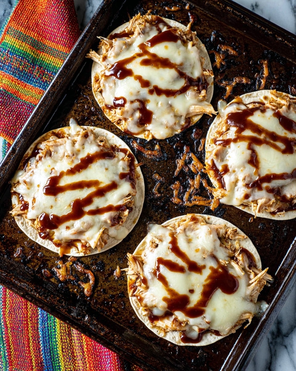 Three small round flat tortillas form the base layer, each topped with shredded cooked chicken mixed with barbecue sauce creating a moist, brownish layer. Over the chicken is a thick layer of melted white cheese, smooth and gooey, covering each tortilla evenly. Drizzles of dark brown barbecue sauce are spread irregularly on top, adding a glossy finish. The tortillas rest on a dark baking tray with some melted cheese crisped around the edges, sitting next to a colorful striped cloth on a white marbled surface. Photo taken with an iphone --ar 4:5 --v 7
