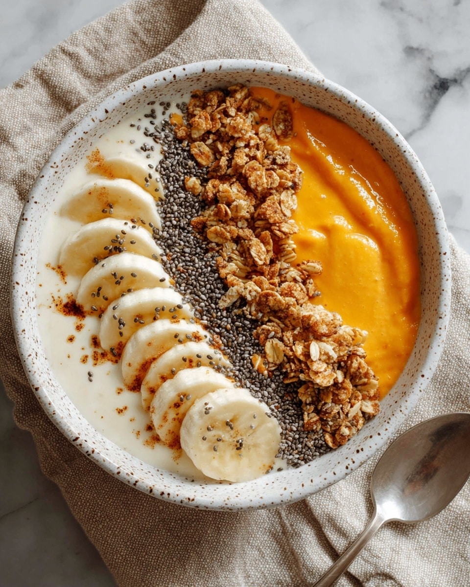 A white speckled bowl holds a smooth creamy base topped with four distinct layers: on the left, seven pale yellow banana slices form a curved line, drizzled lightly with a dark liquid and a sprinkle of fine black specks; next to it is a rough-textured cluster of golden brown granola, followed by a narrow line of small, shiny black chia seeds; the far right side features a thick, bright orange puree with a slightly glossy surface, all layers arranged side by side over the creamy base. The bowl rests on a beige cloth with a white marbled surface underneath, and a silver spoon lies to the right of the bowl. photo taken with an iphone --ar 4:5 --v 7