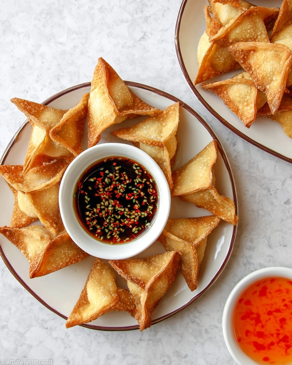 Two round white plates with a brown rim hold golden-brown, crispy fried wontons shaped like small pyramids with four folded corners. On the larger plate, about fifteen wontons are arranged around a small white bowl filled with dark soy sauce sprinkled with sesame seeds and red chili flakes. The second plate, partly visible at the top, has more wontons. To the top right, a small white bowl with bright orange sweet chili sauce sits. All items are placed on a white marbled textured surface. photo taken with an iphone --ar 4:5 --v 7