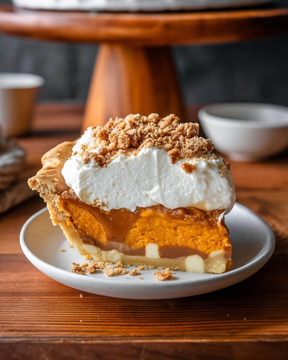 A slice of pie sits on a white plate, showing four distinct layers: a light golden flaky crust at the bottom, a smooth thick caramel layer just above it, a large, dense orange pumpkin filling layer in the middle, topped with a thick white whipped cream layer, and sprinkled with crumbly brown streusel with visible oat pieces on top. The slice is moist and creamy, with the caramel slightly oozing out. The plate is set on a dark wooden surface with a blurred wooden stand and small white bowl in the background. Photo taken with an iphone --ar 4:5 --v 7