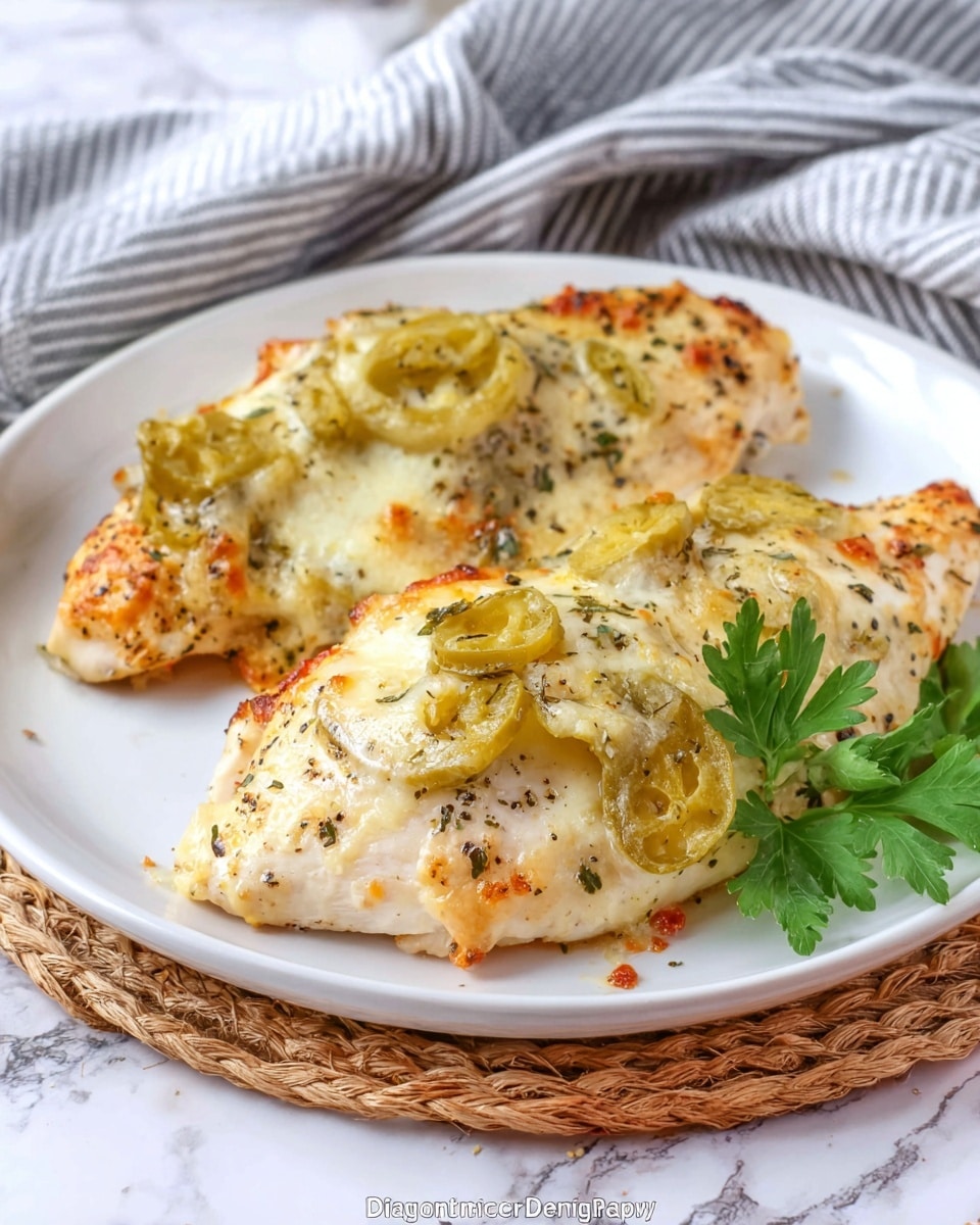 Two pieces of baked chicken breast sit on a white plate, each topped with melted, golden-brown cheese and scattered slices of light green, slightly translucent pickled peppers. The chicken is seasoned with visible black pepper and herbs, creating a speckled look on the white meat. A small green parsley leaf rests beside the chicken as garnish. The plate is placed on a woven straw mat over a white marbled surface with a gray and white striped cloth in the background. Photo taken with an iphone --ar 4:5 --v 7