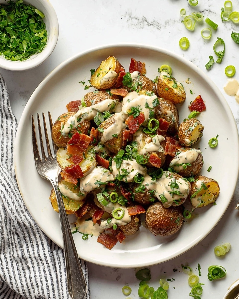 The dish shows a white plate filled with small roasted potatoes cut in halves, topped with a creamy, light beige sauce drizzled unevenly over them. Mixed among the potatoes are scattered pieces of crispy bacon, reddish-brown in color, adding texture contrast. Bright green slices of fresh scallions and chopped herbs are sprinkled on top and around, giving a fresh look. A silver fork rests on the left edge of the plate. The background is a white marbled texture with some green herb bits around, a white bowl with chopped herbs in the top left, and a striped cloth partially visible. photo taken with an iphone --ar 4:5 --v 7