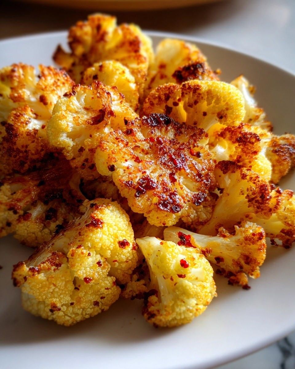 A close-up view of a pile of roasted cauliflower florets served on a white plate. The cauliflower pieces are golden with a crispy texture, showing dark brown and red specks of spices and seasoning evenly coating the surface. The florets vary in size and have a slightly charred look in places, suggesting a well-roasted finish. The background is a white marbled texture, softly blurred to keep focus on the cauliflower. Warm natural light highlights the texture and vibrant color of the dish. photo taken with an iphone --ar 4:5 --v 7