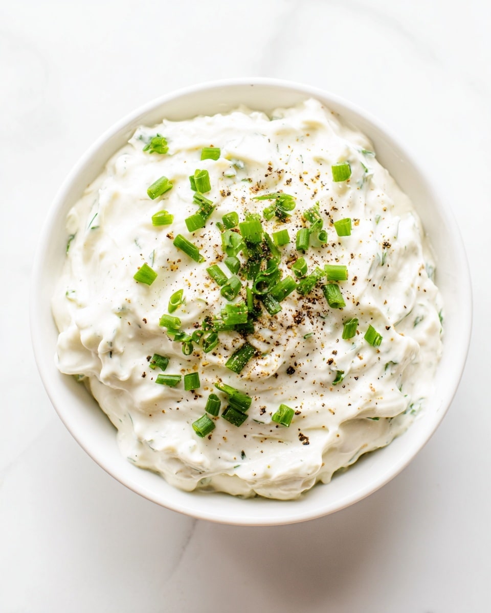 A white bowl filled with a thick, creamy white dip that has a smooth yet slightly chunky texture. The dip is topped with small pieces of bright green chopped chives and a light sprinkling of coarse black pepper, adding contrast and detail to the otherwise uniform cream. The bowl sits on a white marbled surface, giving a clean and fresh look to the image. photo taken with an iphone --ar 4:5 --v 7