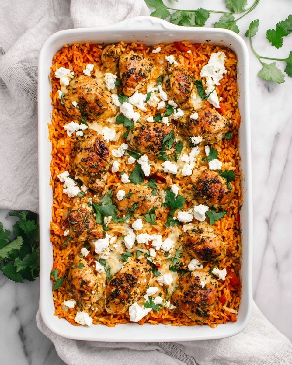 A white rectangular baking dish filled with a layered dish starting with a base of orange-red rice that looks cooked with tomato or spices. On top of the rice, there are many pieces of lightly browned chicken with visible black herbs on them. Scattered over the chicken and rice are small dollops of white cheese, which appear soft and slightly melted. Fresh green cilantro leaves are sprinkled across the dish, adding a fresh touch and color contrast. The dish is set on a white marbled surface with a white cloth partially underneath the baking dish, and some loose cilantro leaves nearby for decoration. Photo taken with an iphone --ar 4:5 --v 7
