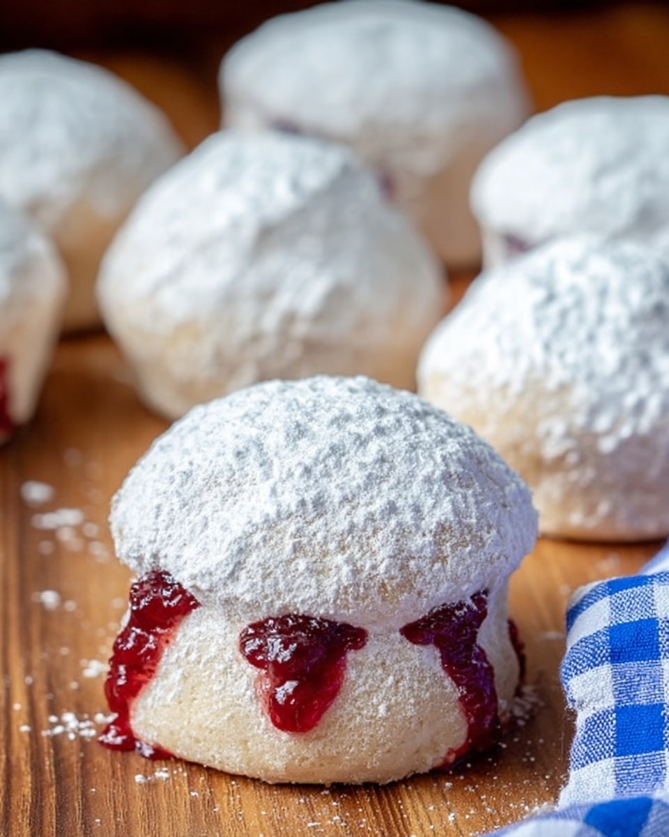 The image shows a close-up of several small round cakes covered in white powdered sugar. Each cake has a soft, slightly rough texture with a dome-shaped top and a little red jam leaking out near the base. The cakes are placed on a wooden surface, and a blue and white checkered cloth is partially visible on the side. The overall look is simple and homemade. photo taken with an iphone --ar 4:5 --v 7