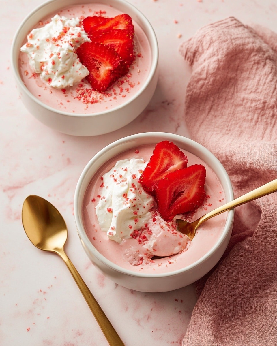 Two white bowls filled with a smooth, light pink creamy dessert form the base layer. Each bowl is topped with a thick dollop of white whipped cream, sprinkled with small red crumbs. On top of the whipped cream are fresh, bright red strawberry slices, adding a fresh, juicy layer. One bowl has a gold spoon resting inside it, partially submerged in the dessert with a scoop taken out, and another gold spoon lies beside a soft pink cloth napkin on a white marbled surface. The scene is soft and inviting with a gentle light. photo taken with an iphone --ar 4:5 --v 7