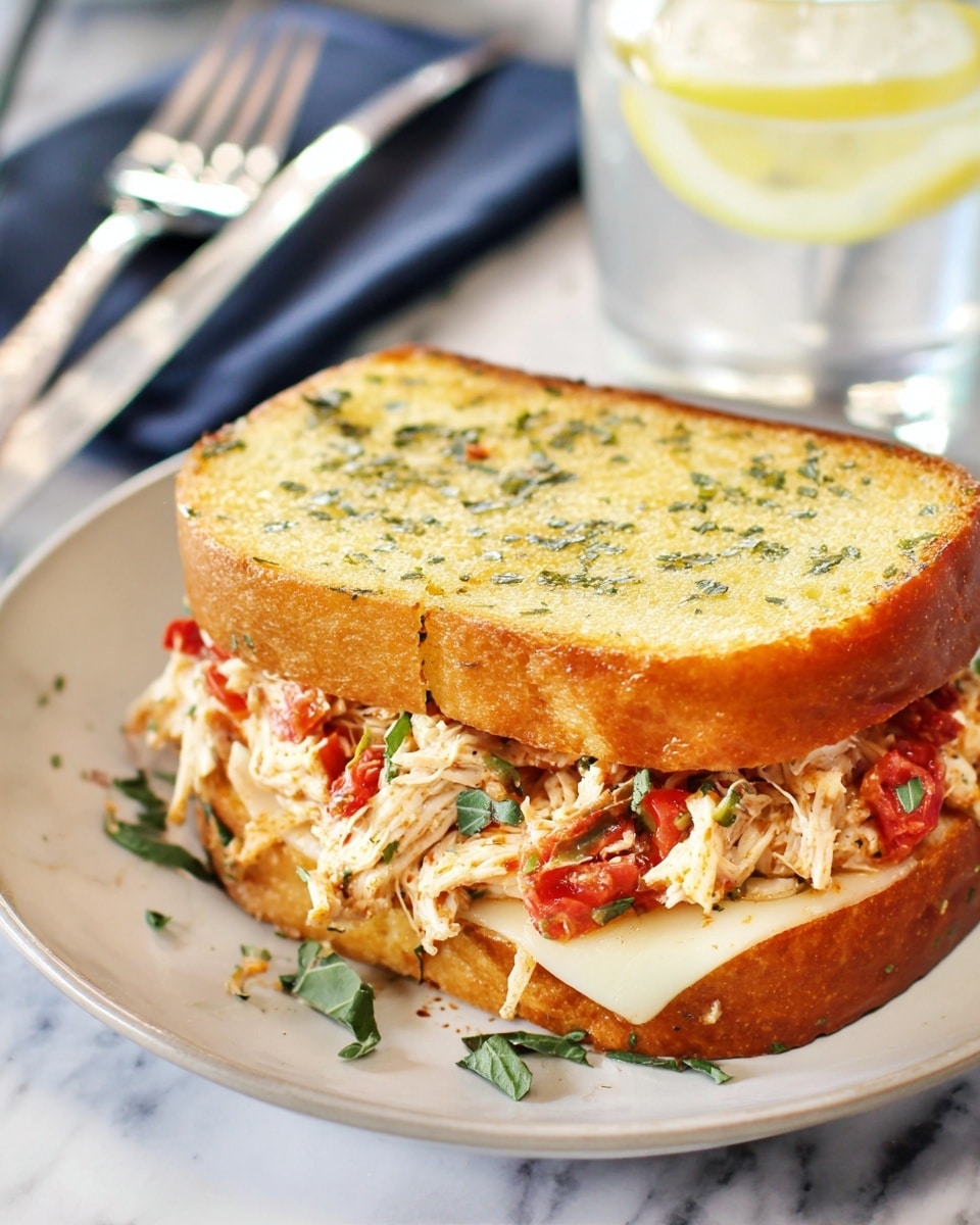 A close-up view of a sandwich on a white plate, showing two thick slices of golden brown garlic bread with visible green herb bits on top. The sandwich has two main layers: the bottom layer features a melted white cheese slice with a smooth texture, and on top of the cheese is a generous filling of shredded chicken mixed with small red tomato pieces and sprinkled with fresh green herbs. In the background, a glass of water with a lemon slice and a fork and knife are visible, all set on a white marbled surface. Photo taken with an iphone --ar 4:5 --v 7