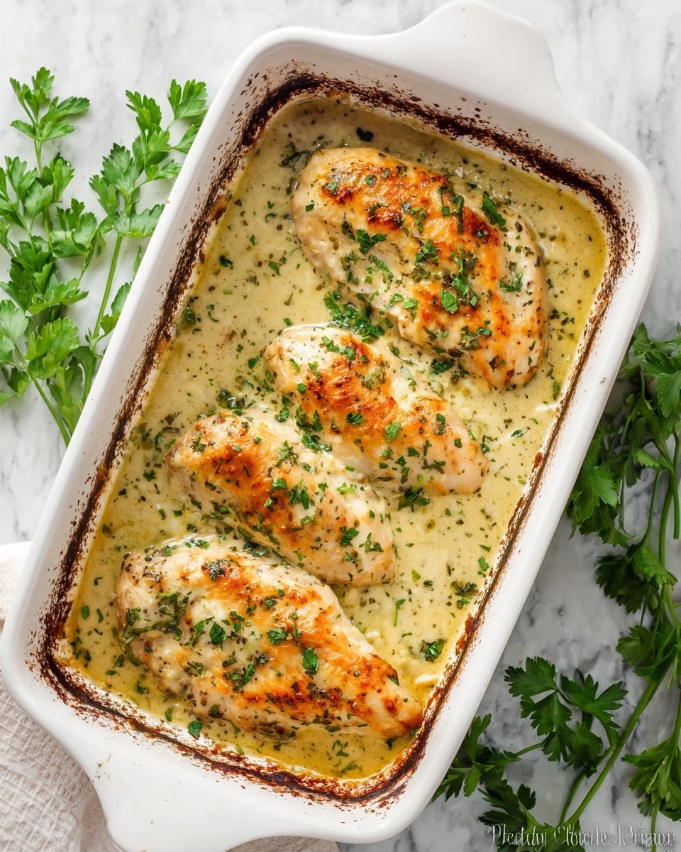 The image shows a white baking dish filled with four pieces of baked chicken breasts covered in a creamy, light yellow sauce with herbs. The chicken is slightly browned on top with a melted cheese texture, and each piece is garnished with green parsley leaves. The sauce has visible specks of green herbs, giving a speckled texture. Around the baking dish are fresh parsley sprigs placed on a white marbled surface. The edges of the baking dish show some browning from the baking process. photo taken with an iphone --ar 4:5 --v 7
