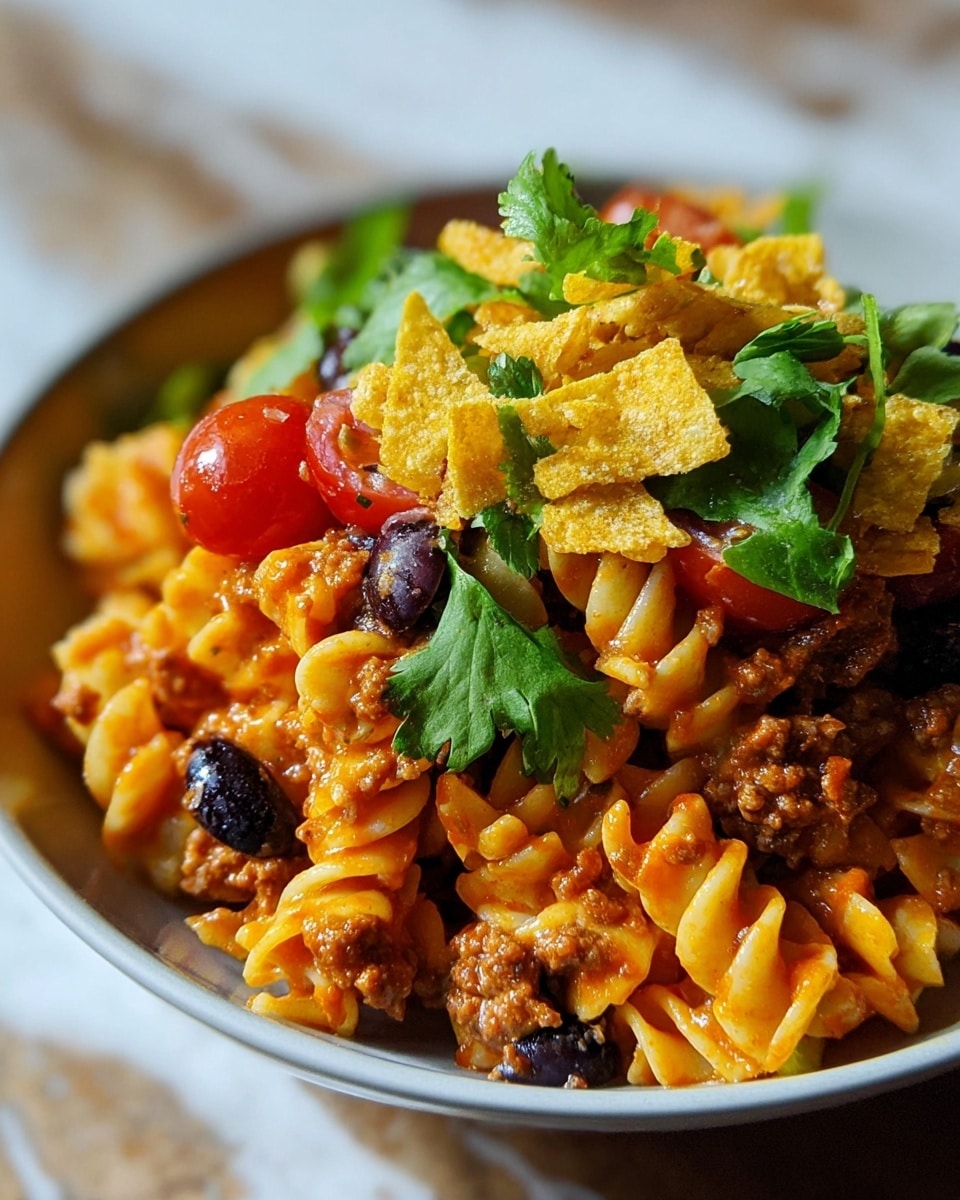The image shows a close-up of a dish with three main layers: the bottom layer is creamy pasta rotini with a reddish-orange sauce and bits of browned ground meat mixed in, the middle layer has bright red cherry tomatoes and small pieces of black beans or olives, and the top layer is sprinkled with crunchy yellow corn chip pieces and fresh green cilantro leaves. The food is served in a white bowl that contrasts with the colorful ingredients, and the background has a soft focus with a white marbled texture visible. photo taken with an iphone --ar 4:5 --v 7
