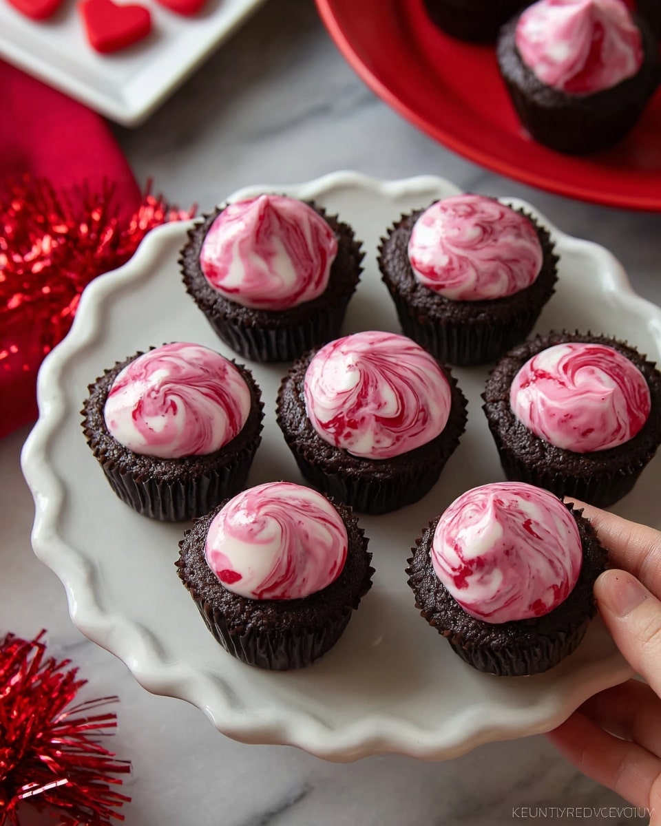 The image shows dark chocolate cupcakes each topped with a swirl of pink and white marbled frosting. The cupcakes are arranged on a white scalloped plate placed on a white marbled surface. Nearby, a woman’s hand is holding one cupcake close to the plate. In the background, there is a white square plate and some red heart-shaped decorations and red tinsel adding a festive touch. Another red round plate with more cupcakes is also partially visible. The cupcakes have a moist, rich texture and the frosting looks creamy and smooth with clear pink and white patterns photo taken with an iphone --ar 4:5 --v 7