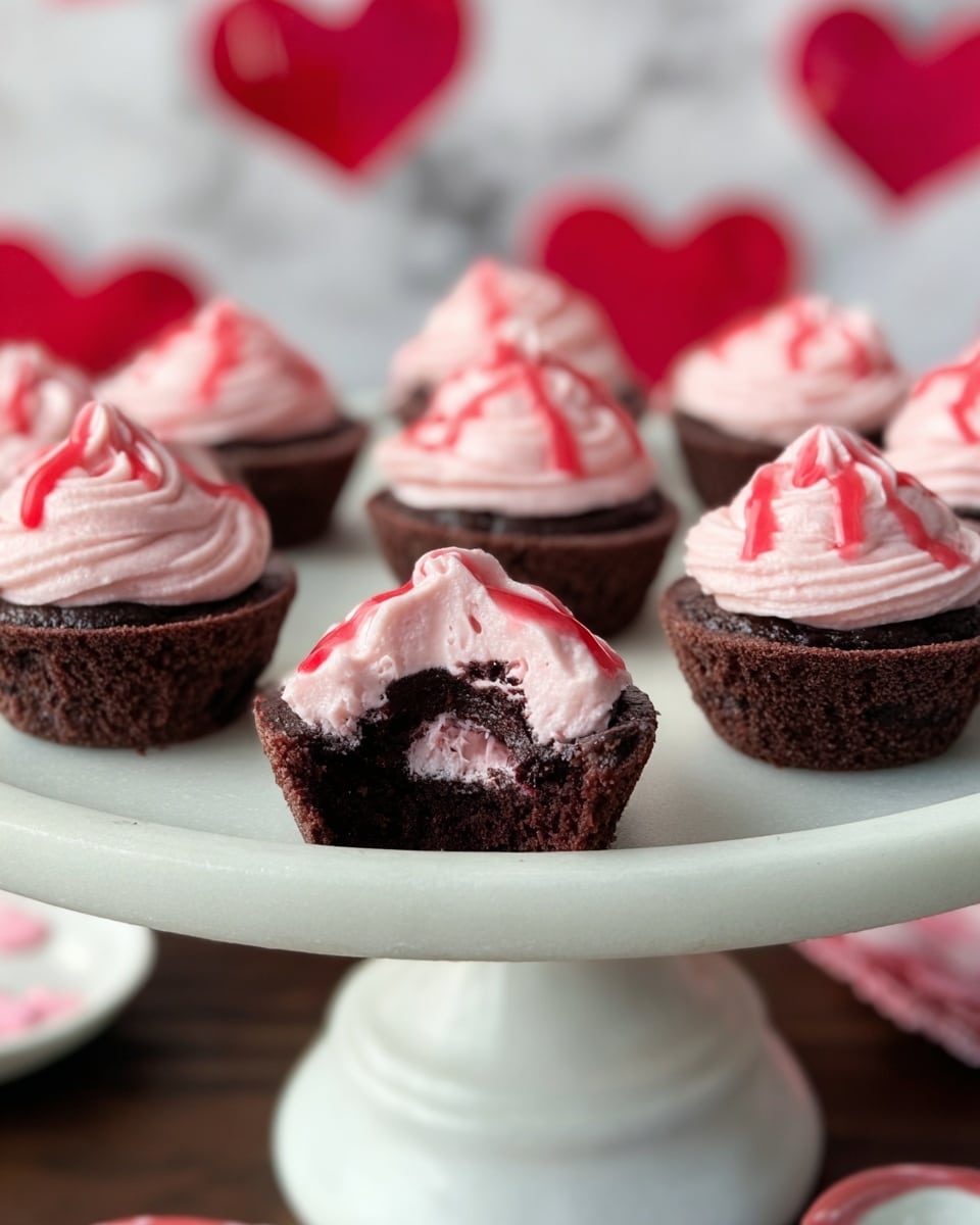 A white cake stand holds nine small chocolate cupcakes with a rough textured base and a swirl of pink frosting on top. The frosting is creamy and fluffy, with a drip of red syrup lightly spread in thin lines over some swirls. One cupcake in the front has a bite taken out, showing soft, moist chocolate cake inside under the pink frosting. The background is a blurred white marbled texture with red-hearted decorations. photo taken with an iphone --ar 4:5 --v 7