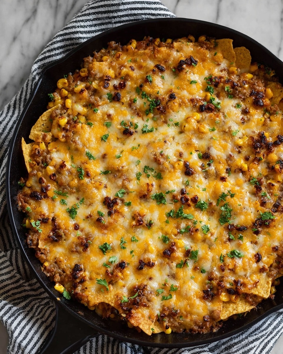 A baked dish in a black skillet filled with two main layers: the bottom layer is a mix of golden, crispy tortilla chips covered with browned, melted cheese that forms a bubbly texture on top, sprinkled with bits of cooked beans and yellow corn kernels spread evenly. The top layer is dotted with small charred pieces of dark roasted corn and green parsley leaves scattered across the surface, adding color contrasts to the golden cheese. The skillet rests on a white marbled textured surface with a black and white striped cloth partly under the handle. Photo taken with an iphone --ar 4:5 --v 7