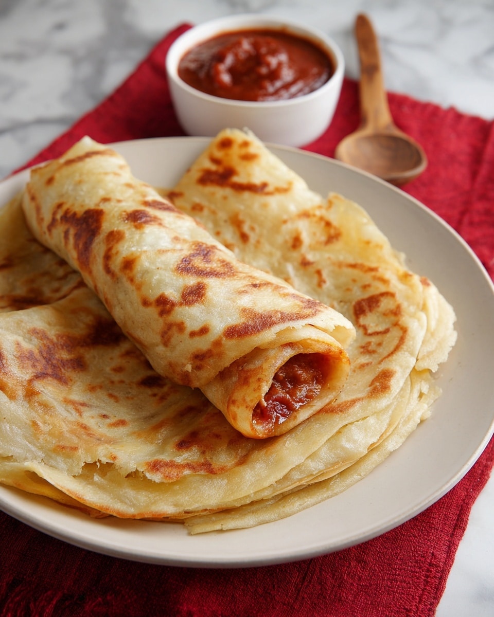 A white plate holds three flat, round, golden-brown parathas, with one paratha rolled into a wrap showing multiple layers of thin, soft dough on the inside filled with a reddish onion mixture that looks juicy and cooked. The parathas have light crispy patches and slight charring, giving a textured look on the surface. Behind the plate, there is a small white bowl containing dark red sauce, and a wooden spoon is placed near it. The setting sits on a white marbled surface with a red cloth underneath the plate. Photo taken with an iphone --ar 4:5 --v 7
