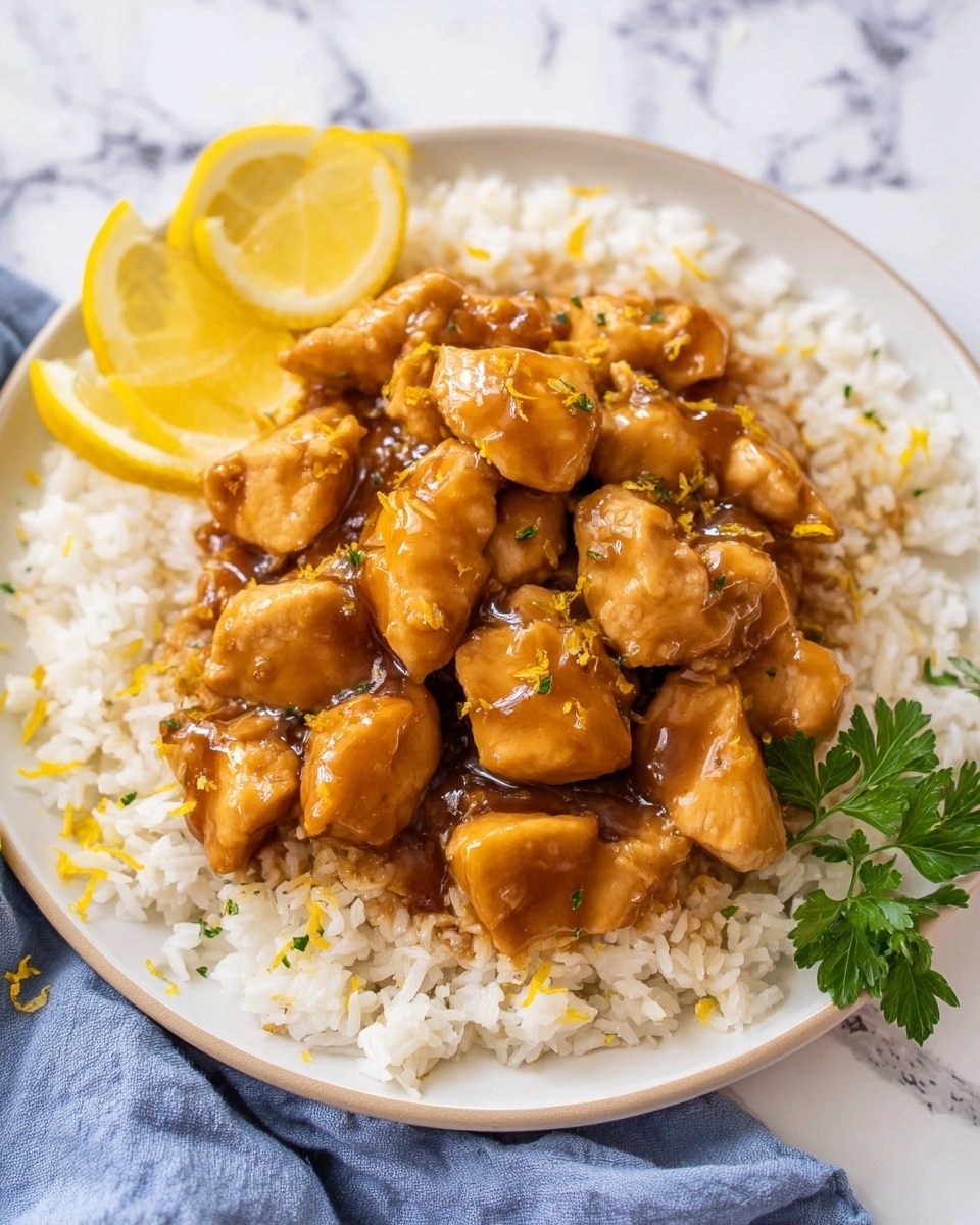 This dish shows a white plate filled with a layer of cooked white rice forming the base. On top, there are many pieces of golden-brown chicken coated in a shiny, thick brown sauce, arranged in a pile in the center of the rice. The chicken pieces look moist and slightly glossy, with small bits of yellow zest sprinkled over them. On the left side of the plate, there are two thin slices of yellow lemon partially resting on the rice. A small sprig of fresh green parsley sits near the lemon slices. The plate is set on a white marbled surface with part of a soft blue cloth visible at the bottom left corner. photo taken with an iphone --ar 4:5 --v 7