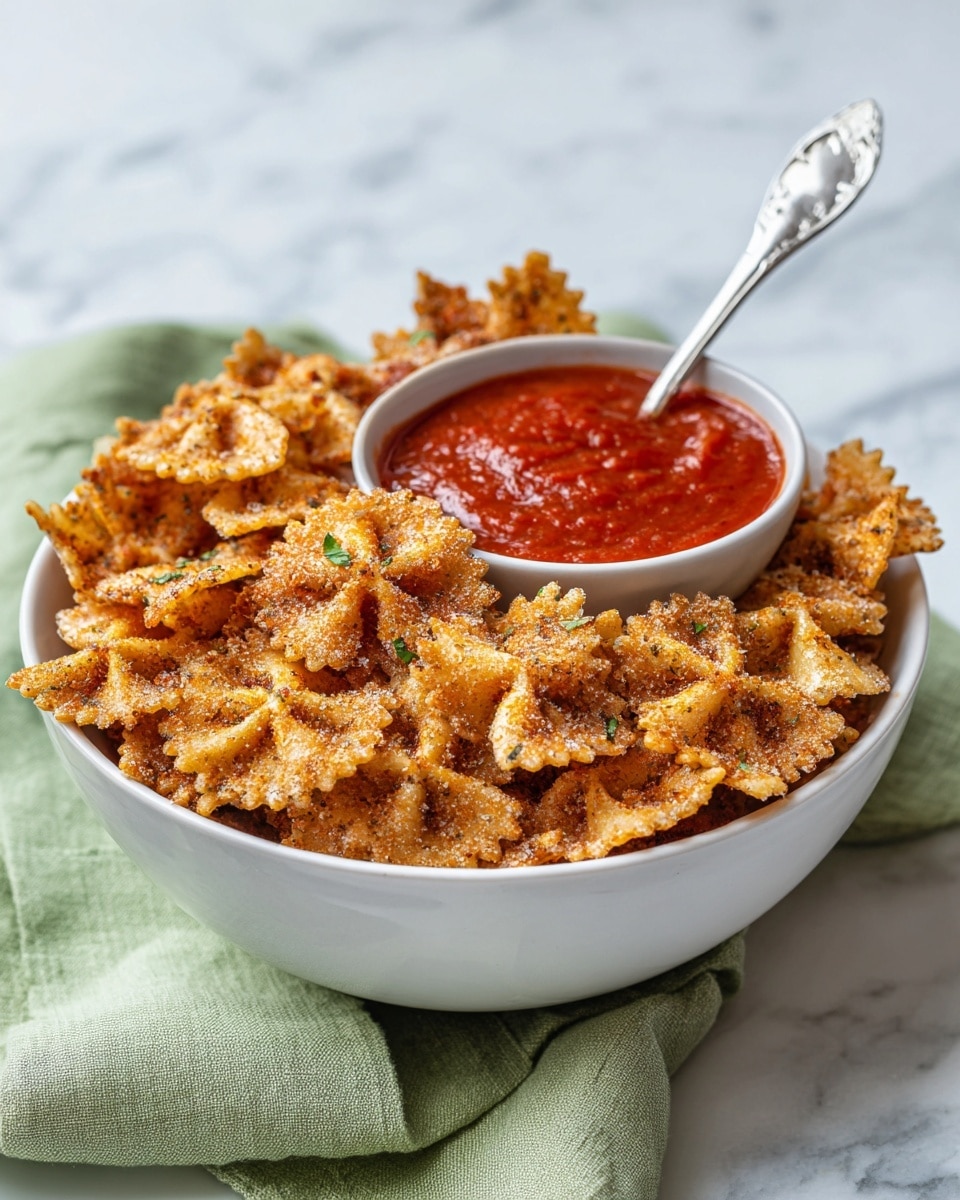 A round white bowl filled with golden-brown crispy bowtie pasta chips that look crunchy and textured, with small herbs visible on some. Inside the large bowl, a smaller white bowl holds bright red marinara sauce with a smooth texture, and a silver spoon rests inside it. The bowl sits on a light green cloth on top of a white marbled surface, creating a clean and fresh background. Photo taken with an iphone --ar 4:5 --v 7