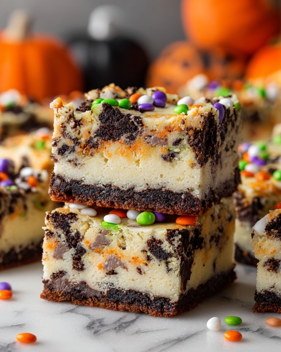 A rectangular dessert is shown inside a baking pan lined with parchment paper, filled with one thick layer of creamy white frosting sprinkled densely with broken pieces of black sandwich cookies with orange filling, and small round confetti sprinkles in purple, green, orange, black, and white scattered evenly on top. The pan rests on a white marbled surface with some black lace and orange decorative elements visible on the side. Photo taken with an iphone --ar 4:5 --v 7
