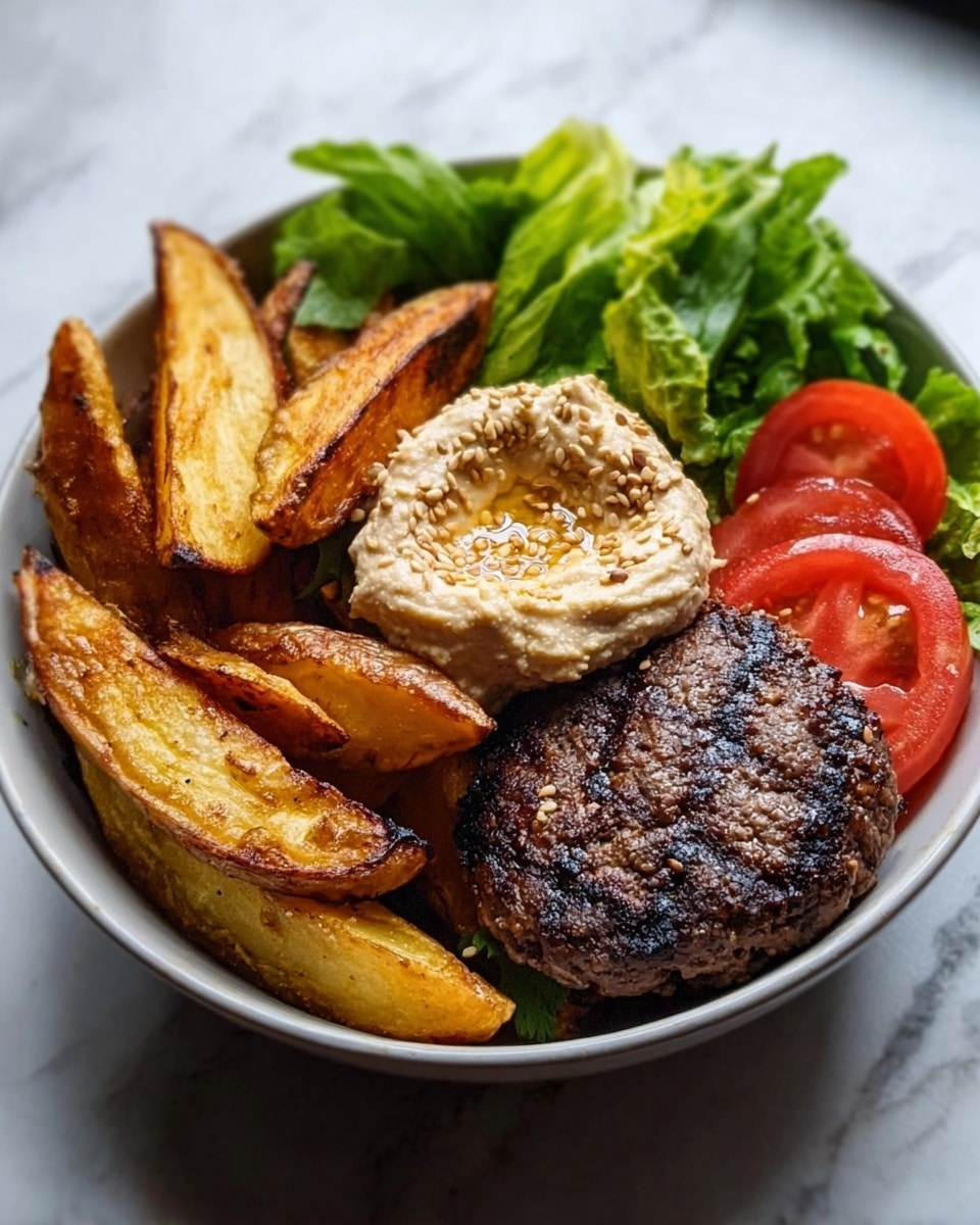 The image shows a white bowl filled with a meal arranged in three sections. On one side, there is a dark grilled beef patty with visible char marks and a coarse texture. Next to it, thick golden-brown potato wedges that look crispy on the edges with soft insides. At the center, a dollop of creamy hummus topped with sesame seeds and some olive oil is placed slightly on top of the patty. Around the bowl’s edge, fresh green lettuce leaves and bright red tomato wedges add a fresh and colorful touch. The bowl is placed on a white marbled surface. Photo taken with an iphone --ar 4:5 --v 7
