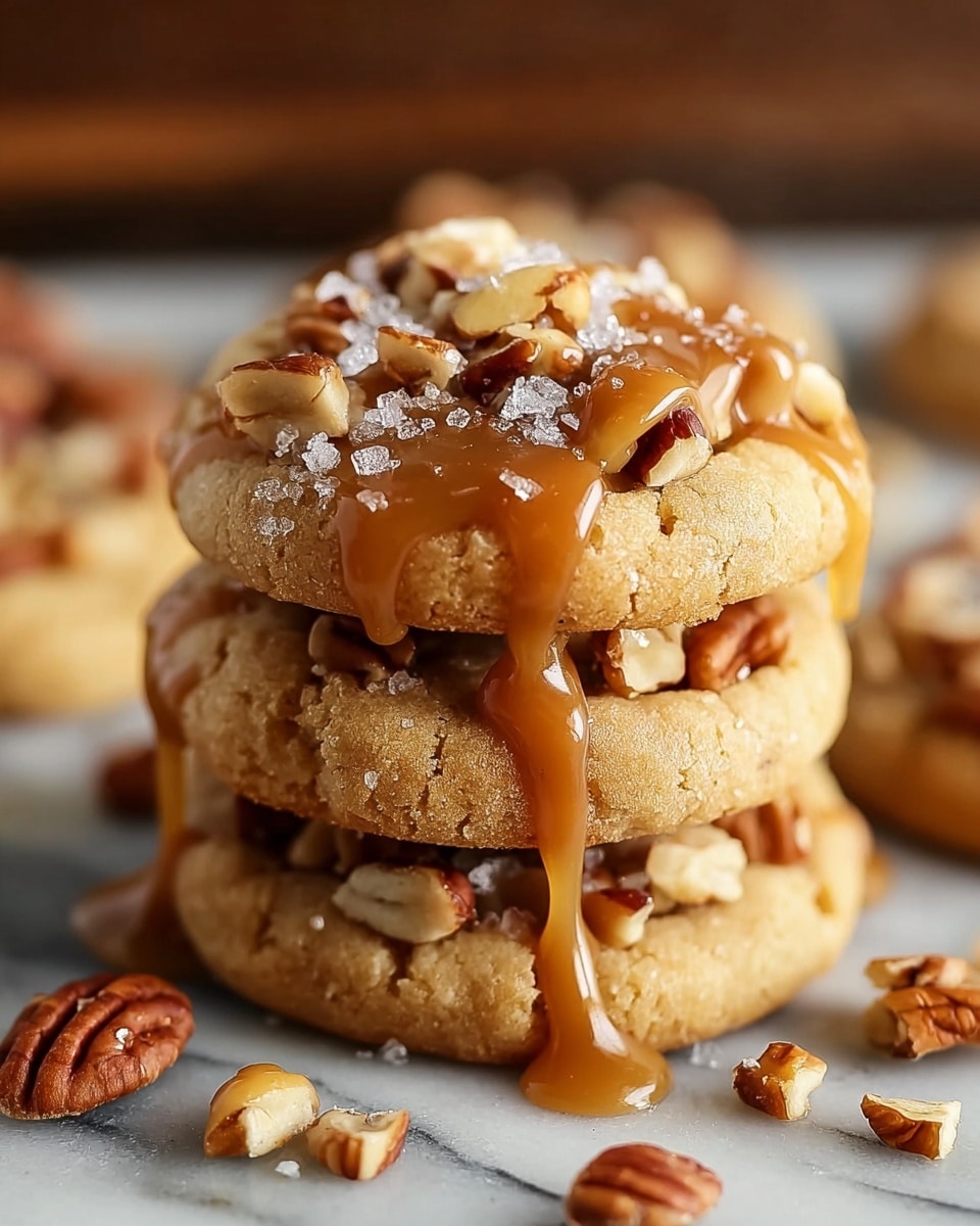 The image shows a stack of three thick, golden brown cookies with a slightly cracked surface and a soft texture. Each cookie is topped with chopped nuts, mostly pecans, which are scattered unevenly, adding texture and color contrast. A rich caramel sauce is drizzled over the top and edges, creating shiny, smooth ribbons that fall down the sides. Small grains of coarse sea salt are sprinkled on top, giving a sparkly touch. The stack is placed on a white marbled surface with some scattered nuts around. The photo taken with an iphone --ar 4:5 --v 7