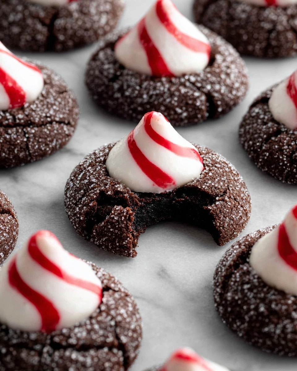 The image shows several dark chocolate cookies with a rough, sugary texture on the surface. Each cookie has one layer of a peppermint kiss candy on top, which is white with red stripes, cone-shaped, and glossy. One cookie near the center has a bite taken out, revealing a dense, moist, dark chocolate inside. The cookies are laid out on a flat white marbled surface. Photo taken with an iphone --ar 4:5 --v 7