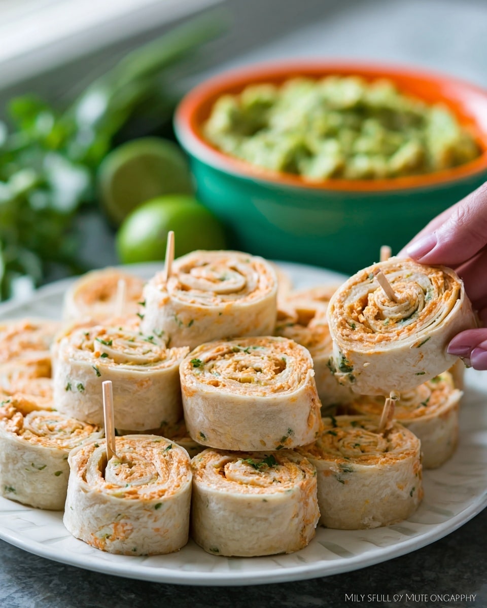 A white plate holds about two layers of tortilla pinwheel rolls, each roll showing a light beige tortilla wrapped around an orange and light green creamy filling with visible specks of herbs. The pinwheels are stacked closely, forming a round pile. A woman's hand with light pink nails uses a toothpick to lift one roll from the plate on the right side. In the background, a green bowl with an orange rim is filled with chunky green guacamole, placed on a white marbled texture, with a lime and green leaves blurred further back. photo taken with an iphone --ar 4:5 --v 7
