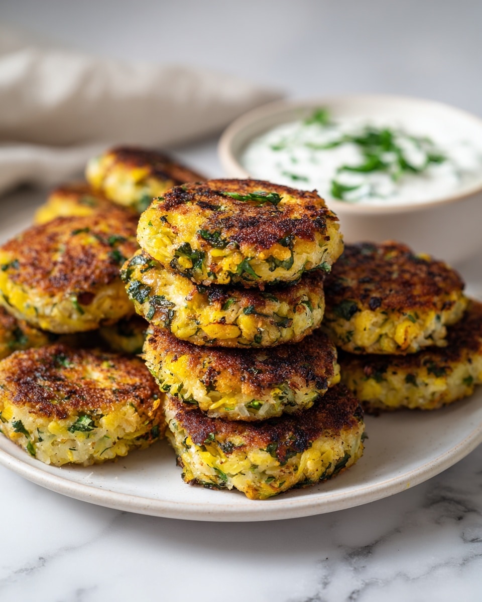 A white plate holds about ten small golden-brown tater tots that are crispy on the outside with visible bits of green herbs mixed inside, giving a textured look. The tots are placed in a slightly uneven pile, showing their crunchy and lightly charred surfaces. Behind the tots, there is a small white ramekin filled with a smooth white dipping sauce sprinkled lightly with green herbs on top. Some fresh green lettuce leaves are tucked behind the tots and ramekin. The whole scene is set on a white marbled texture surface. Photo taken with an iphone --ar 4:5 --v 7