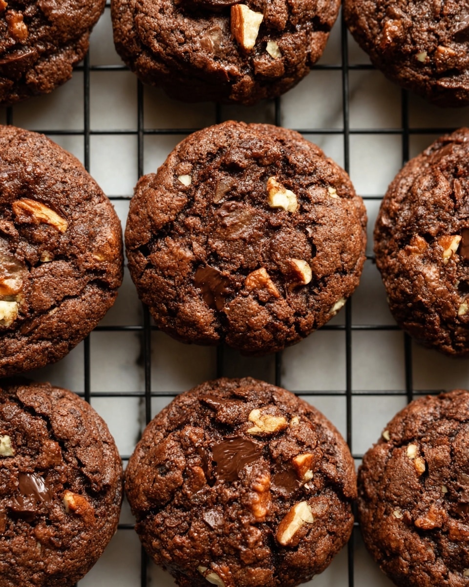 The image shows several thick, round chocolate cookies on a black cooling rack. Each cookie has a rough, textured top layer with visible chunks of melted dark chocolate and pieces of light brown nuts scattered throughout. The cookies have a rich, dark brown color with slightly lighter cracks and crevices. The cooling rack sits on a white marbled surface that contrasts with the dark cookies and black lines of the rack. The arrangement is close-up, filling most of the frame to show the detailed texture of the cookies. Photo taken with an iphone --ar 4:5 --v 7