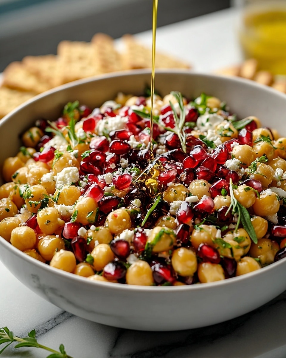 The image shows a close-up of a white bowl filled with a colorful chickpea salad. The bottom layer is made of round, pale yellow chickpeas, mixed with small pieces of bright green herbs and bits of crumbled white cheese. Over this, scattered pomegranate seeds add a vibrant red contrast, while small sprigs of green herbs lie on top. A golden oil is being poured over the salad, catching the light as it drizzles down. The bowl sits on a white marbled surface with a few crackers blurred in the background. photo taken with an iphone --ar 4:5 --v 7