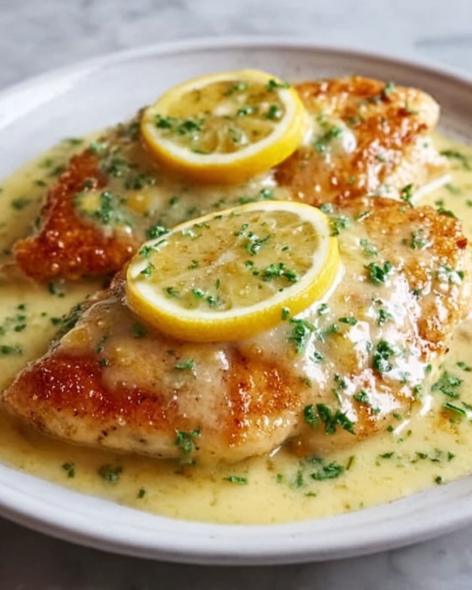 The image shows two golden brown cooked chicken breasts on a white plate, each topped with thin, bright yellow lemon slices. A creamy light yellow sauce with a smooth texture covers and surrounds the chicken, pooling gently on the plate. Finely chopped green herbs are sprinkled evenly over the chicken and sauce, adding a fresh look. The white plate sits on a white marbled surface. Photo taken with an iphone --ar 4:5 --v 7