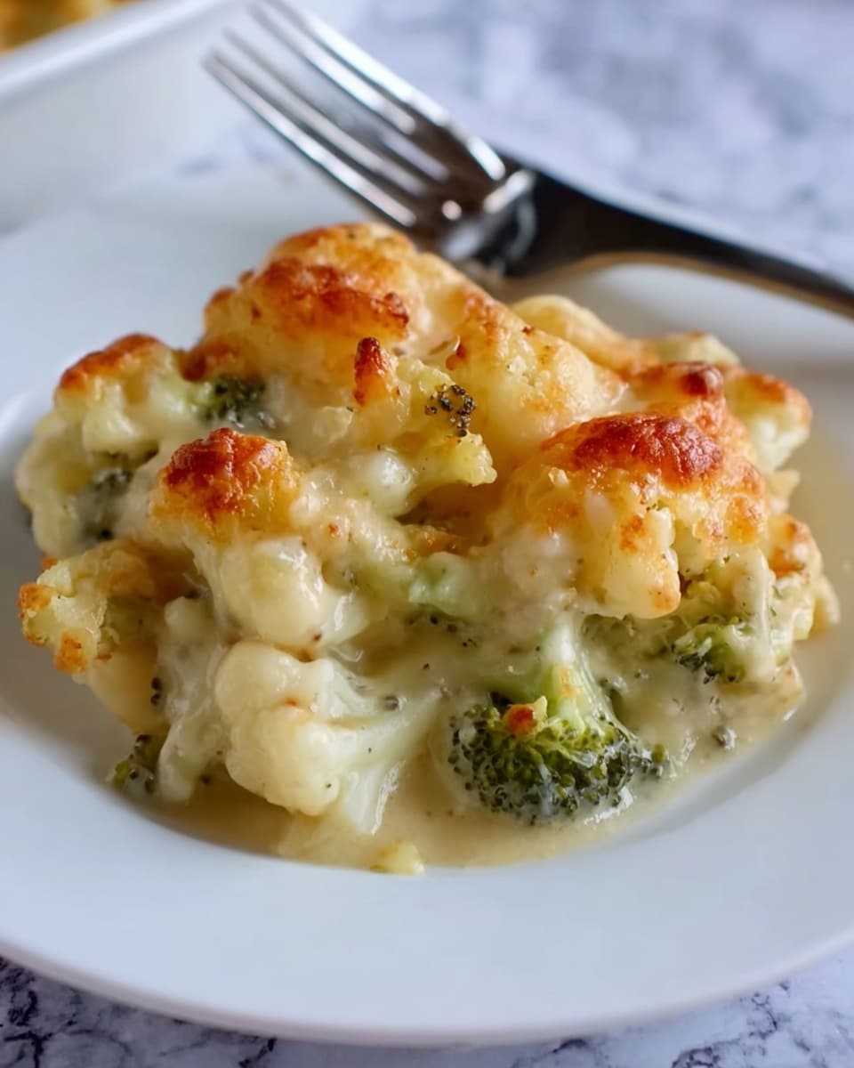 A close-up of a white baking dish filled with a broccoli and cauliflower casserole. The dish has about three visible layers: the bottom layer is creamy and smooth with a white sauce, the middle layer is a mix of green broccoli and white cauliflower florets coated in the sauce, and the top layer is a golden brown crumbly topping mixed with melted cheese strands, giving a slightly crunchy texture. The edges of the dish show browned, baked sauce and the dish rests on a white marbled surface with a white plate partially visible nearby. Photo taken with an iphone --ar 4:5 --v 7