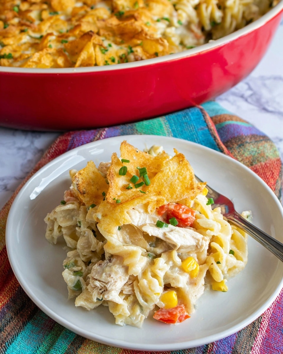 The dish is a serving of creamy casserole on a white plate, placed on a white marbled surface with a colorful striped cloth underneath. The casserole has three main layers: the bottom layer is mixed pasta noodles with a white creamy sauce, the middle layer contains chunks of light brown cooked chicken, small yellow corn pieces, and diced red carrots, all mixed with the sauce. The top layer consists of golden brown crispy potato chips and small green chives sprinkled all over. In the background, the casserole dish is a red bowl filled with more of the same creamy mixture, showing a textured, golden browned potato chip top layer. A metal fork is resting on the plate next to the casserole. Photo taken with an iphone --ar 4:5 --v 7