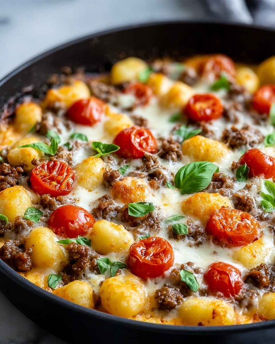 A close-up view of a round black pan filled with gnocchi baked with melted cheese, ground meat, and halved cherry tomatoes. The first layer at the bottom is soft gnocchi, pale yellow with smooth texture, scattered evenly across the pan. On top, cooked ground meat pieces in brown, small and crumbly, spread throughout. Halved bright red cherry tomatoes are placed on top in a random pattern. The whole dish is covered with gooey melted cheese that is cream to light golden in color, slightly browned in some parts, with fresh green basil leaves sprinkled on top. The pan is set on a white marbled surface, giving a clean and bright look. Photo taken with an iphone --ar 4:5 --v 7