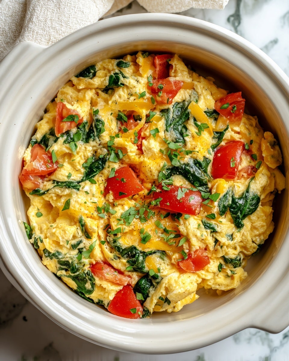 A close-up top view of a white ceramic pot filled with fluffy scrambled eggs mixed with bright green spinach leaves and juicy, red tomato chunks scattered unevenly throughout. The eggs have a soft, creamy texture with some melted yellow cheese visible on top. The dish is garnished with finely chopped green herbs, adding a fresh touch. The pot is placed on a white marbled surface, with a cream cloth partially visible on the upper left side, giving a cozy kitchen feel. photo taken with an iphone --ar 4:5 --v 7