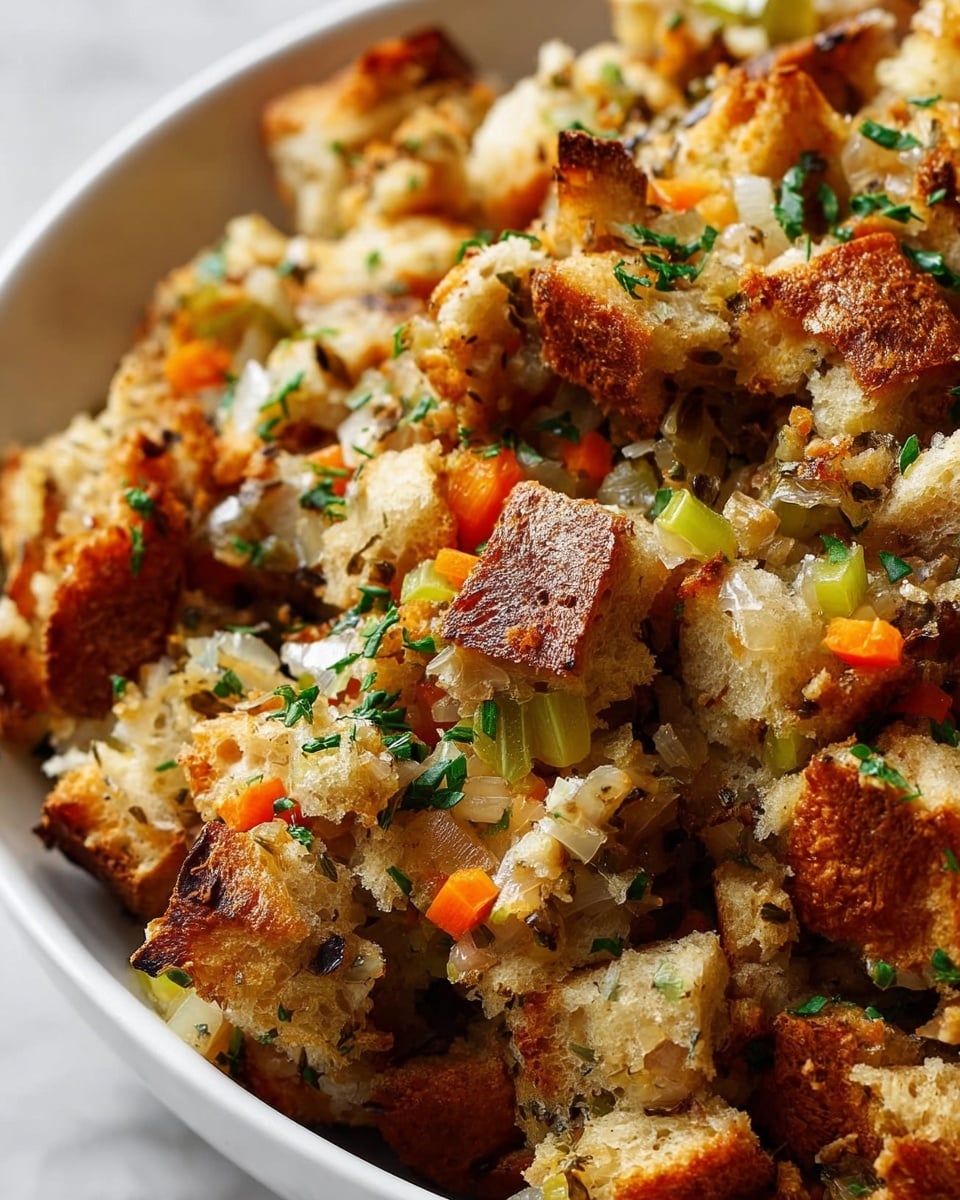 A close-up view of a white bowl filled with a textured bread stuffing, showing multiple layers of golden-brown toasted bread cubes mixed with soft, cooked onions and celery pieces. Small bright orange carrot chunks are scattered through the dish, adding color contrast. The stuffing is dotted with finely chopped green herbs on top, contributing a fresh look. The bread pieces have a crunchy, slightly rough texture with varied shades of brown and beige, while the cooked vegetables appear tender and glossy. The whole dish sits on a white marbled surface. photo taken with an iphone --ar 4:5 --v 7