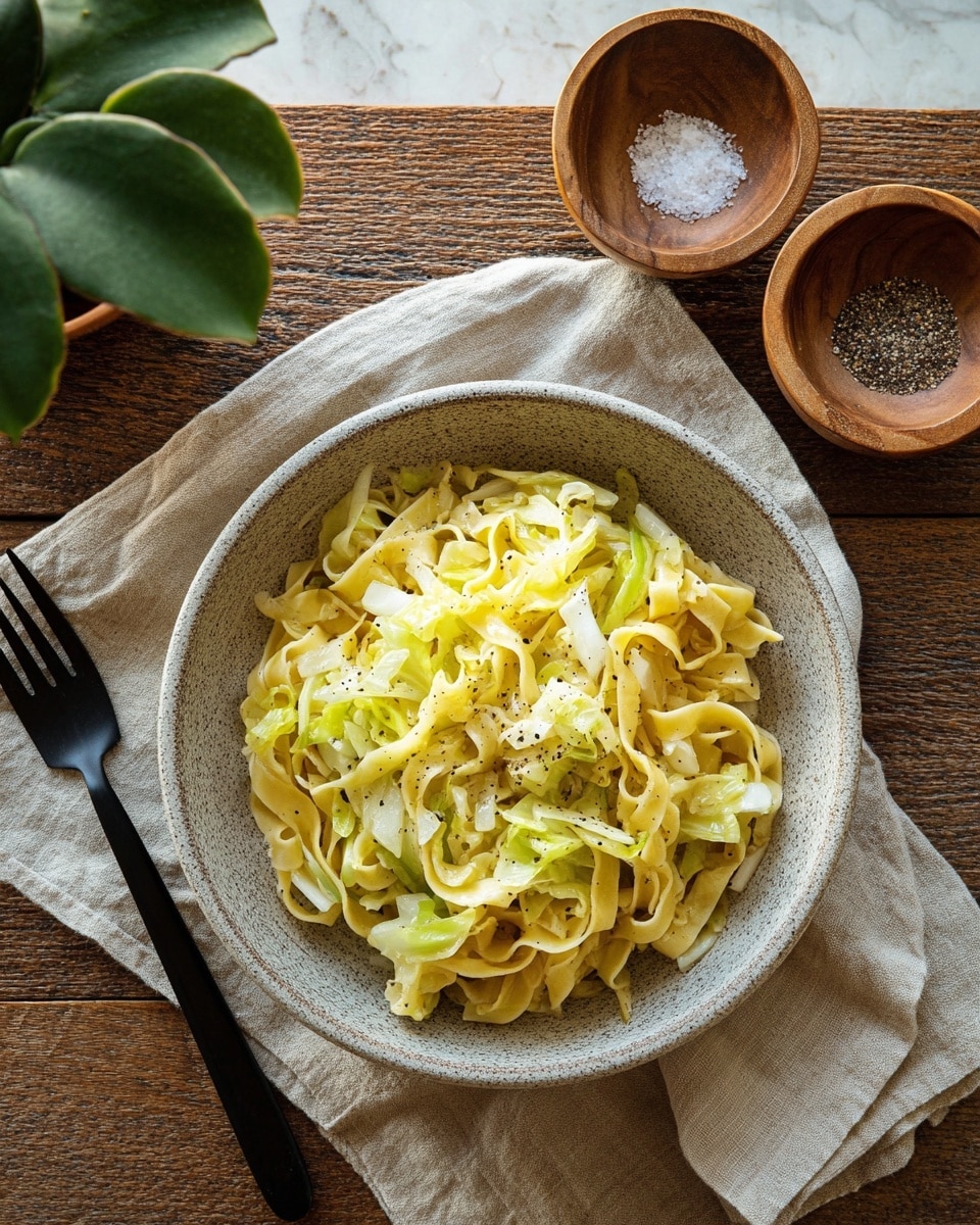 A bowl of pasta with light yellow, wide egg noodles mixed with shredded light green and white cabbage, showing a soft texture and slight seasoning with black pepper specks. The bowl is speckled gray ceramic, placed on a light beige linen cloth over a rustic wooden surface. To the right, two small wooden bowls contain coarse salt and ground black pepper, both sitting on a folded beige napkin. A black fork lies to the left of the bowl, and a green plant with wide leaves is partially visible at the top left corner. The whole scene is set against a white marbled texture surface. Photo taken with an iphone --ar 4:5 --v 7