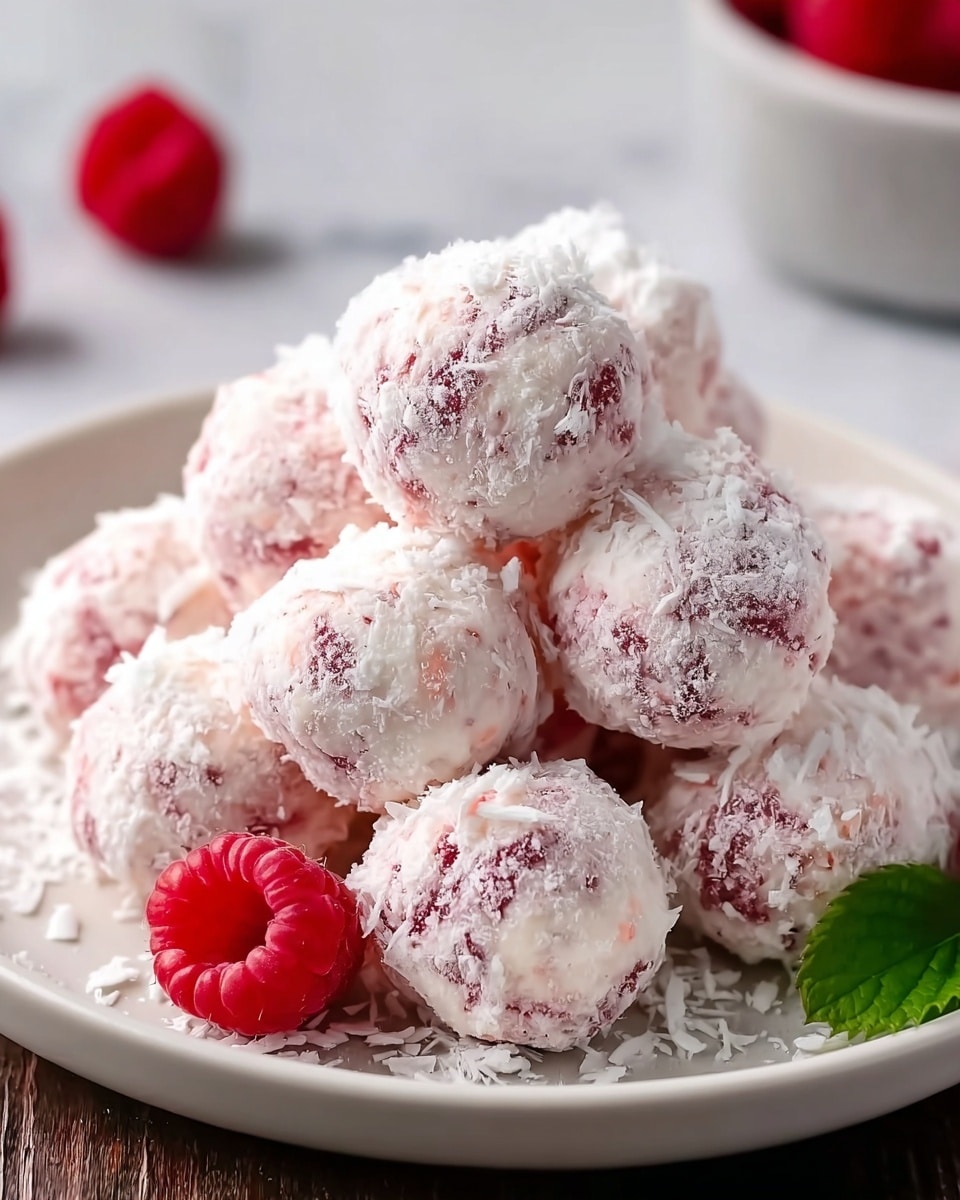 A white plate holds about ten round scoops of creamy dessert, each scoop layered with white and pink colors that are mixed unevenly, giving a soft, fluffy texture. The scoops are stacked in a loose pyramid shape, with some white powder or flakes sprinkled all over them and the plate. Around the plate, there are red raspberries slightly out of focus, placed on a wooden surface that is changed to a white marbled texture. The image looks close-up and bright, showing the soft texture of the dessert clearly. photo taken with an iphone --ar 4:5 --v 7