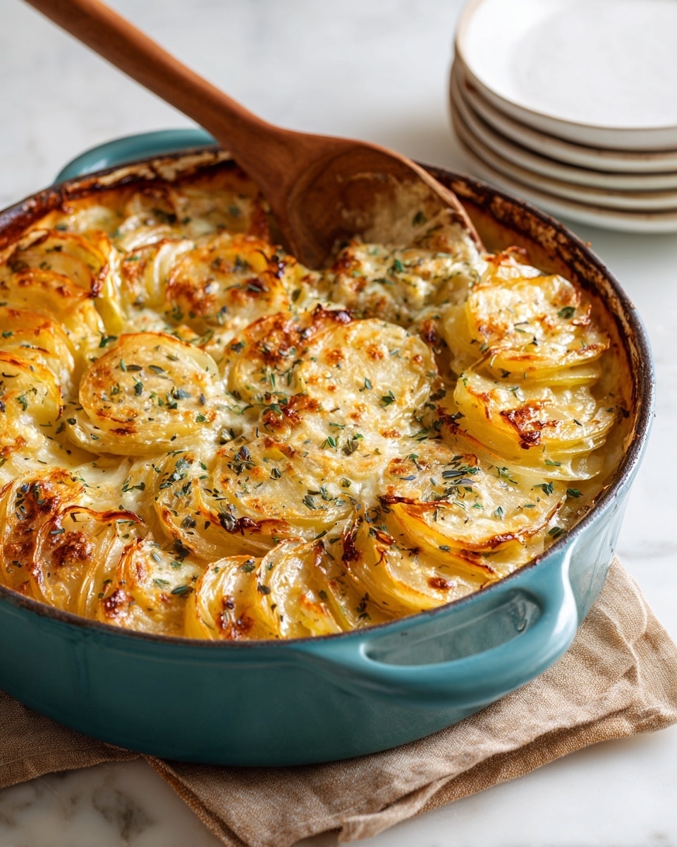 The image shows a baked dish in a turquoise casserole dish, filled with thin layered slices of golden brown potatoes topped with cooked, translucent onion rings, melted cheese, and sprinkled with fresh green herbs. A wooden spoon is partially inserted into the dish on the left side. The casserole rests on a light brown cloth, and two plain white plates are stacked nearby on a white marbled surface. The baked edges have a slight caramelized look with some glossy sauce visible. photo taken with an iphone --ar 4:5 --v 7