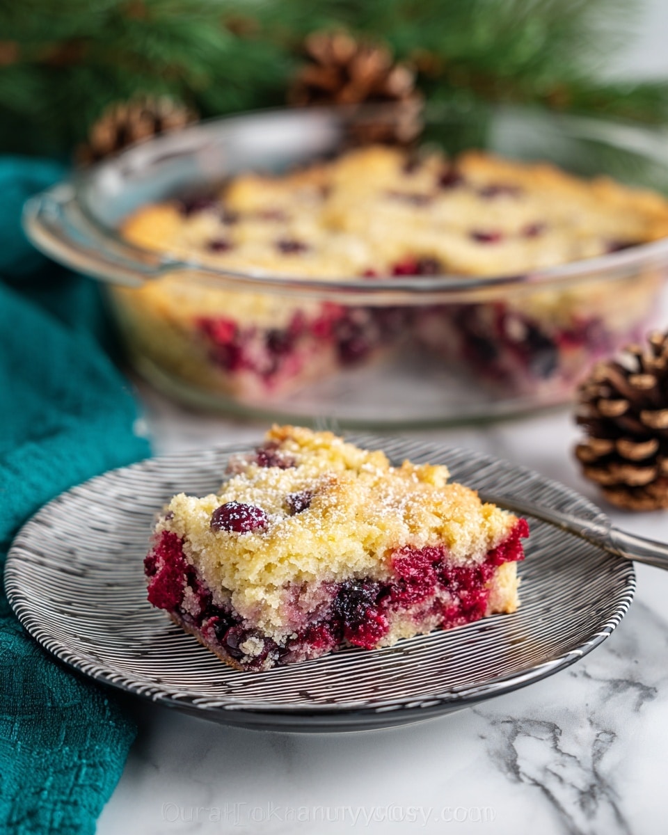 The image shows a round glass baking dish filled with a Nantucket cranberry pie. The pie has a golden-brown crust with a slightly uneven texture on top, dotted with bright red cranberries peeking through. The cranberries are scattered throughout the crust, some slightly sunken, adding patches of deep red color. The dish is placed on a white marbled surface, with green pine branches in the background and a white lantern decorated with a black and white checkered ribbon nearby. The overall look is cozy and festive. photo taken with an iphone --ar 4:5 --v 7