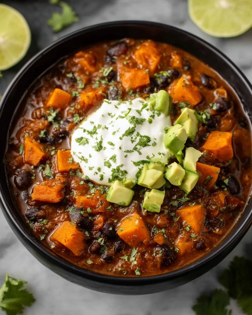 A black bowl filled with a thick stew made of bright orange chunks of sweet potato mixed with dark black beans and small diced vegetables in a rich brown sauce, topped in the middle with a white dollop of sour cream and a pile of light green diced avocado, garnished with small green herb bits sprinkled across, all placed on a white marbled surface with a few blurred lime slices and green leaves around, photo taken with an iphone --ar 4:5 --v 7